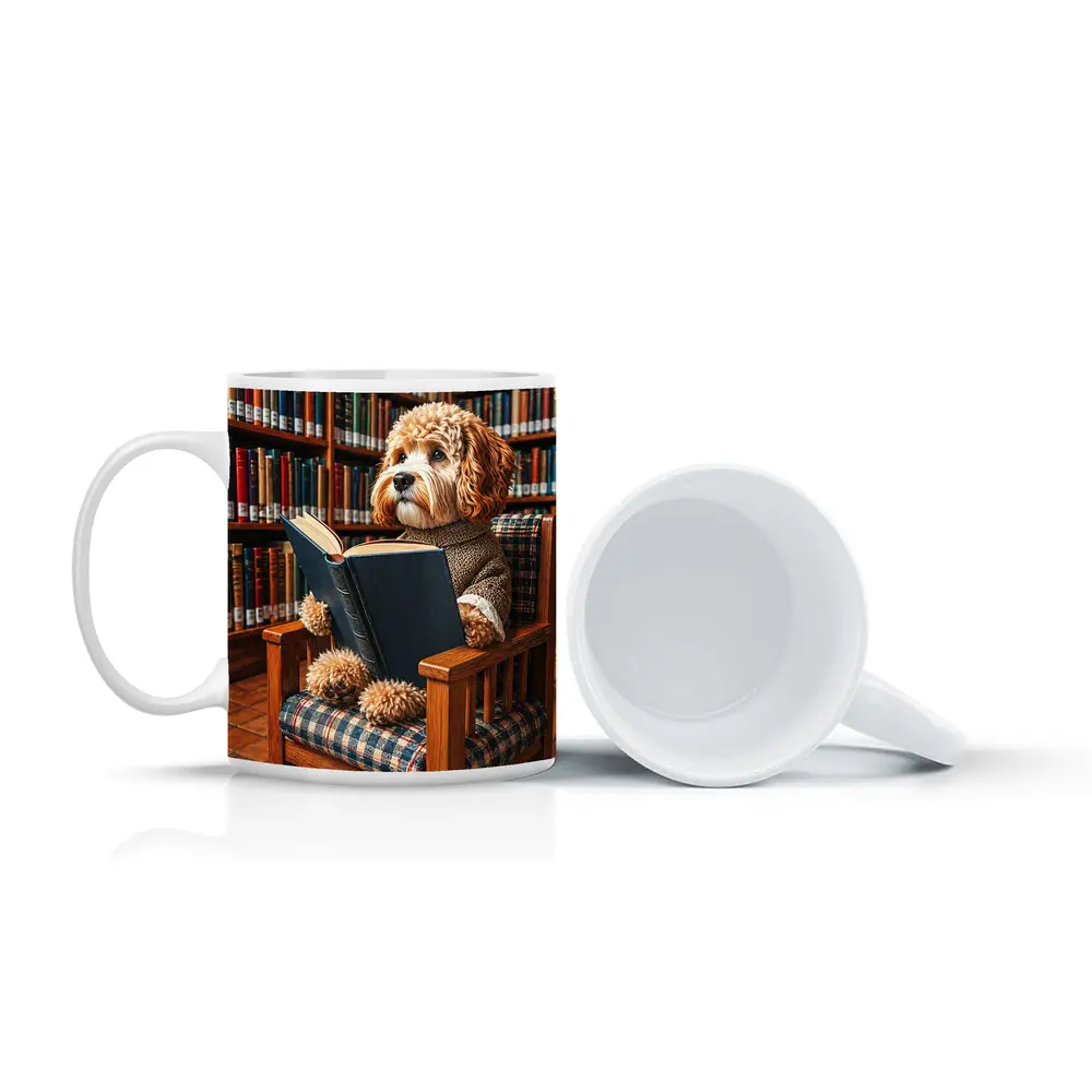 Cockapoo Dog Reading Book in Library – Mugs