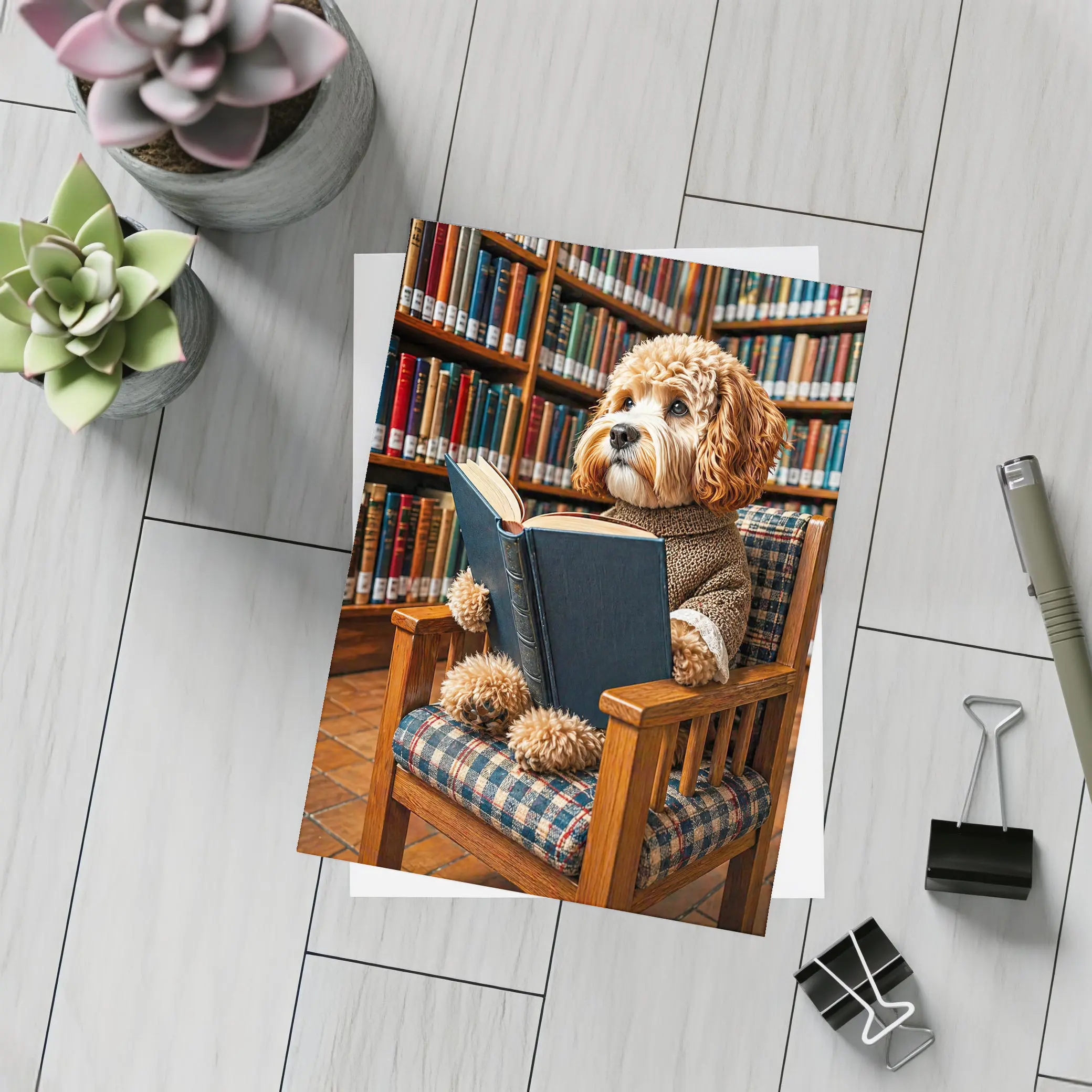 Cockapoo Dog Reading Book in Library – Postcards