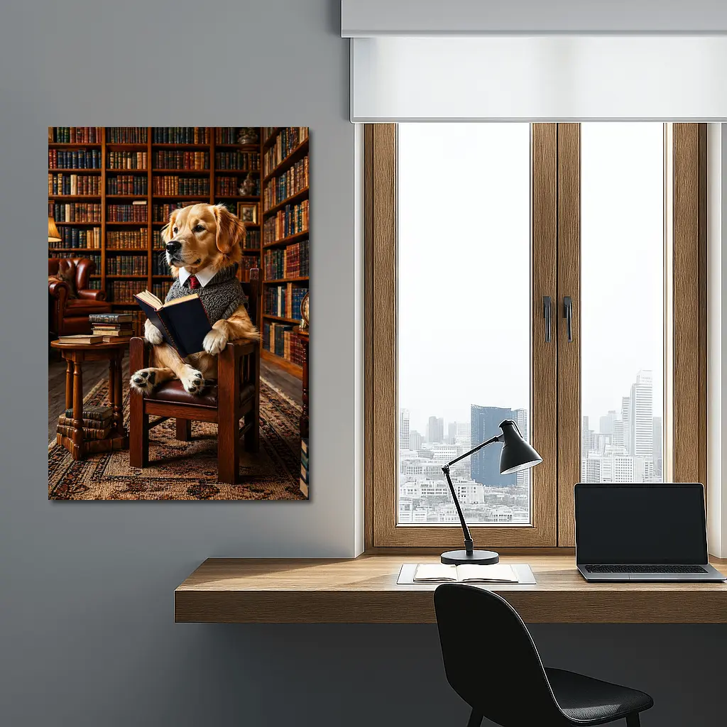 Golden Retriever Reading Book in Library – Wall Art