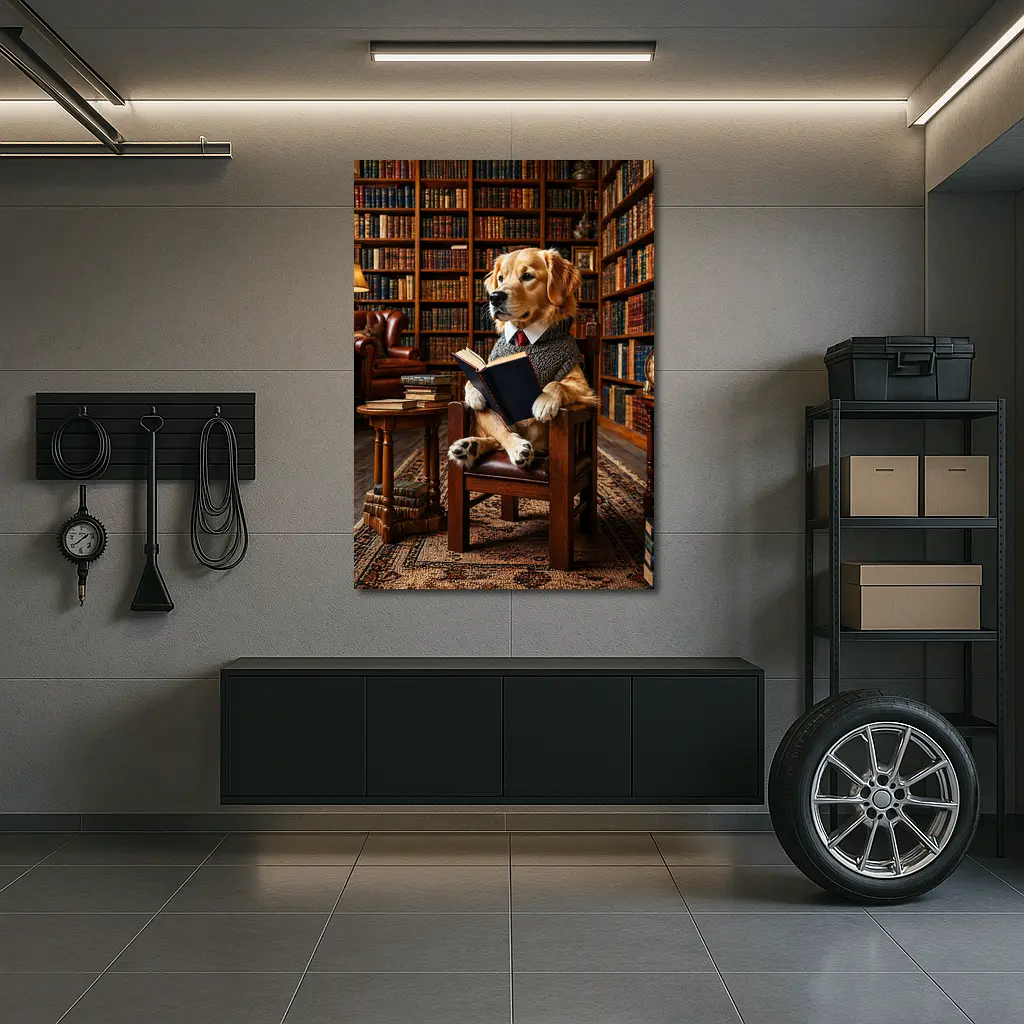 Golden Retriever Reading Book in Library – Wall Art