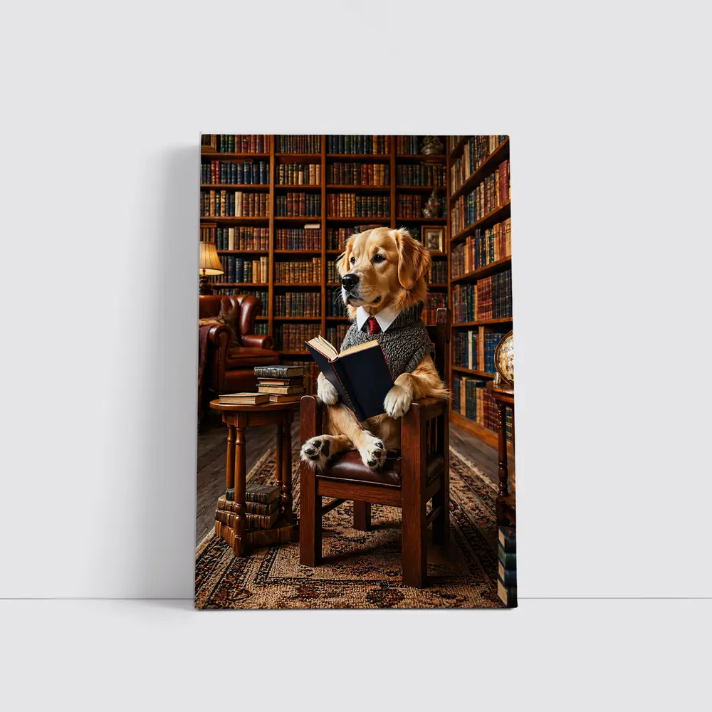Golden Retriever Reading Book in Library – Wall Art