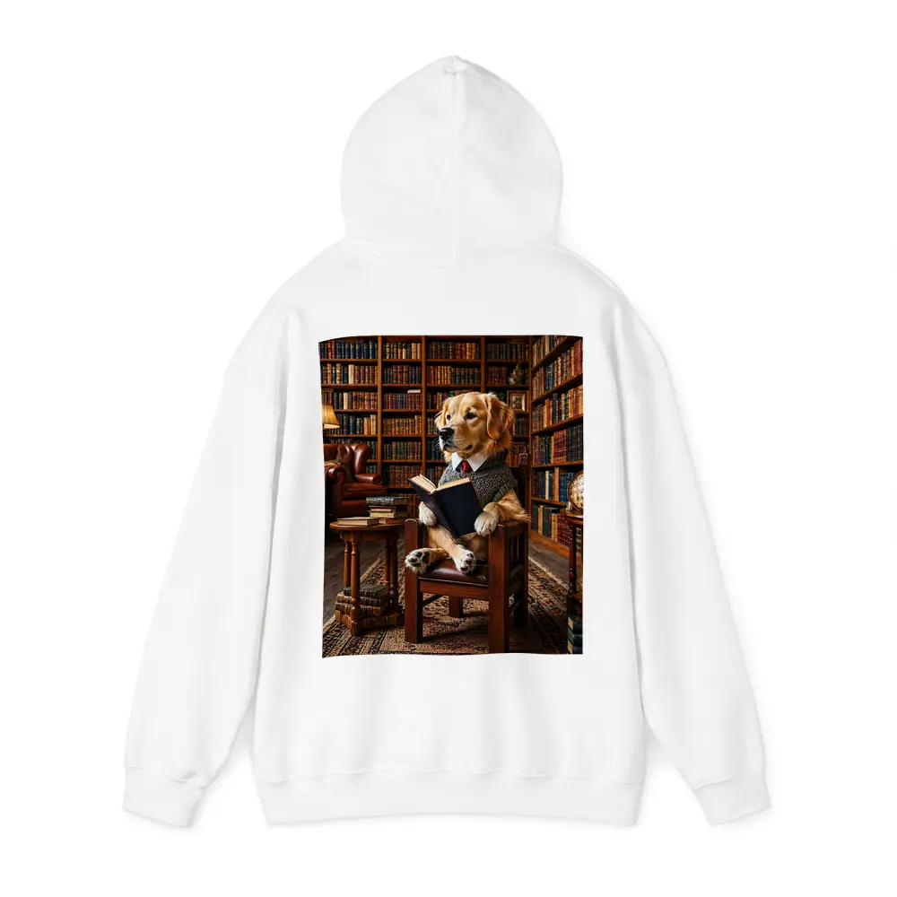 Golden Retriever Reading Book in Library – Hoodies