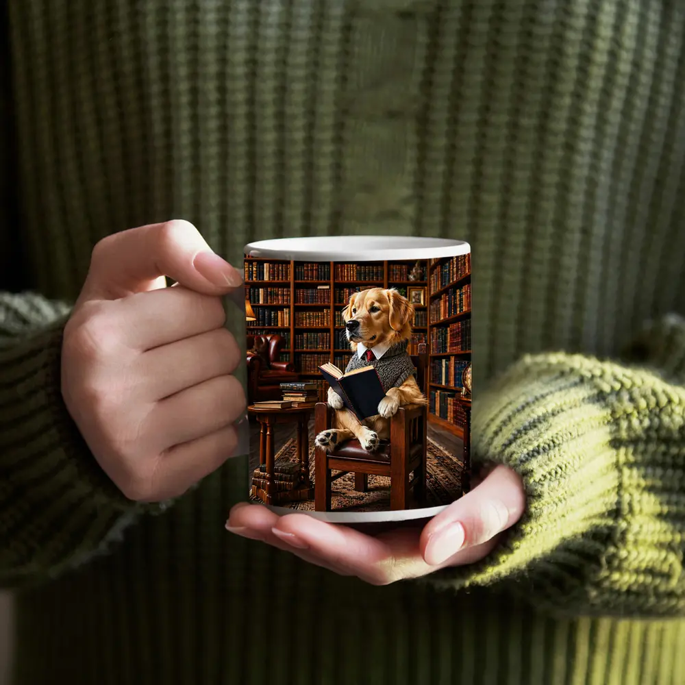 Golden Retriever Reading Book in Library – Mugs