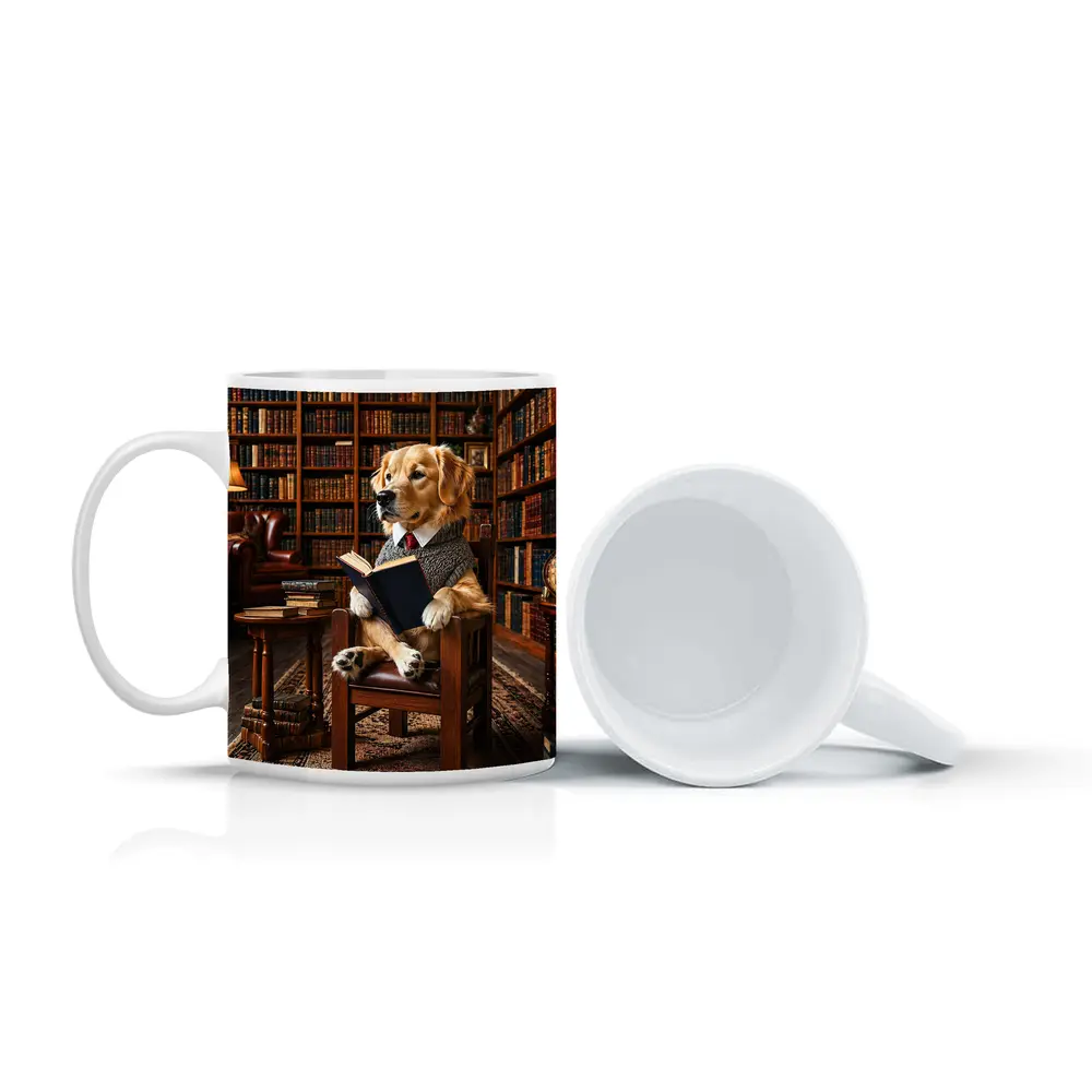 Golden Retriever Reading Book in Library – Mugs