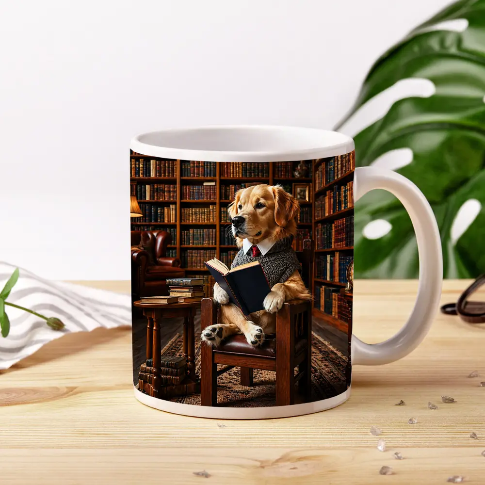Golden Retriever Reading Book in Library – Mugs