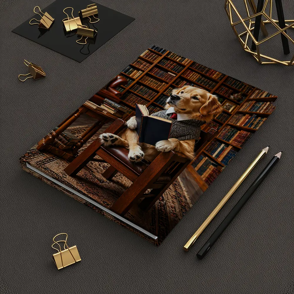 Golden Retriever Reading Book in Library – Notebooks