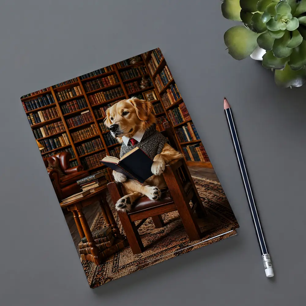 Golden Retriever Reading Book in Library – Notebooks