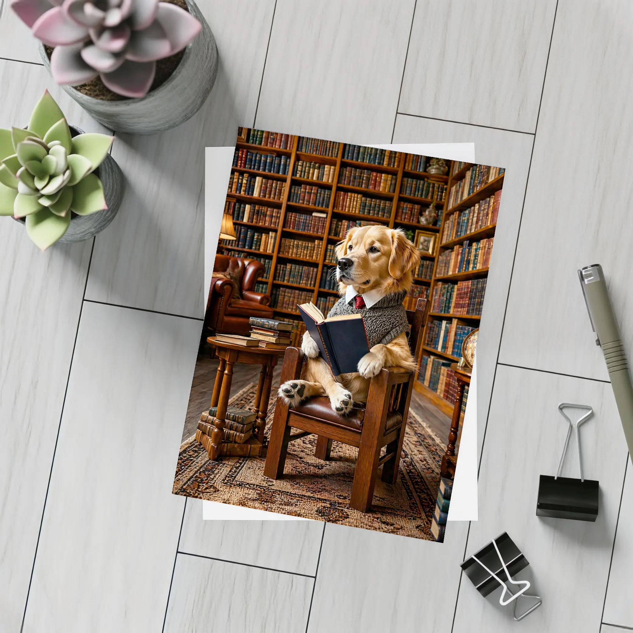 Golden Retriever Reading Book in Library – Postcards