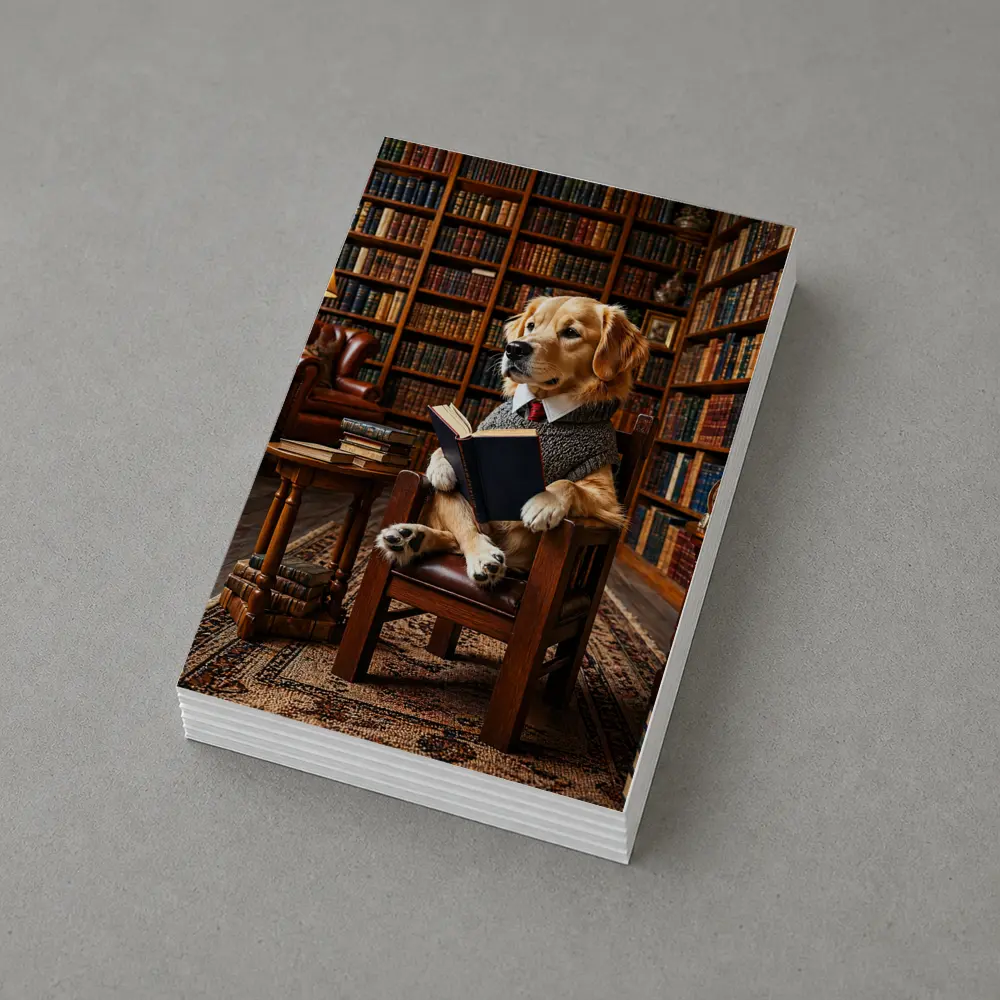 Golden Retriever Reading Book in Library – Postcards
