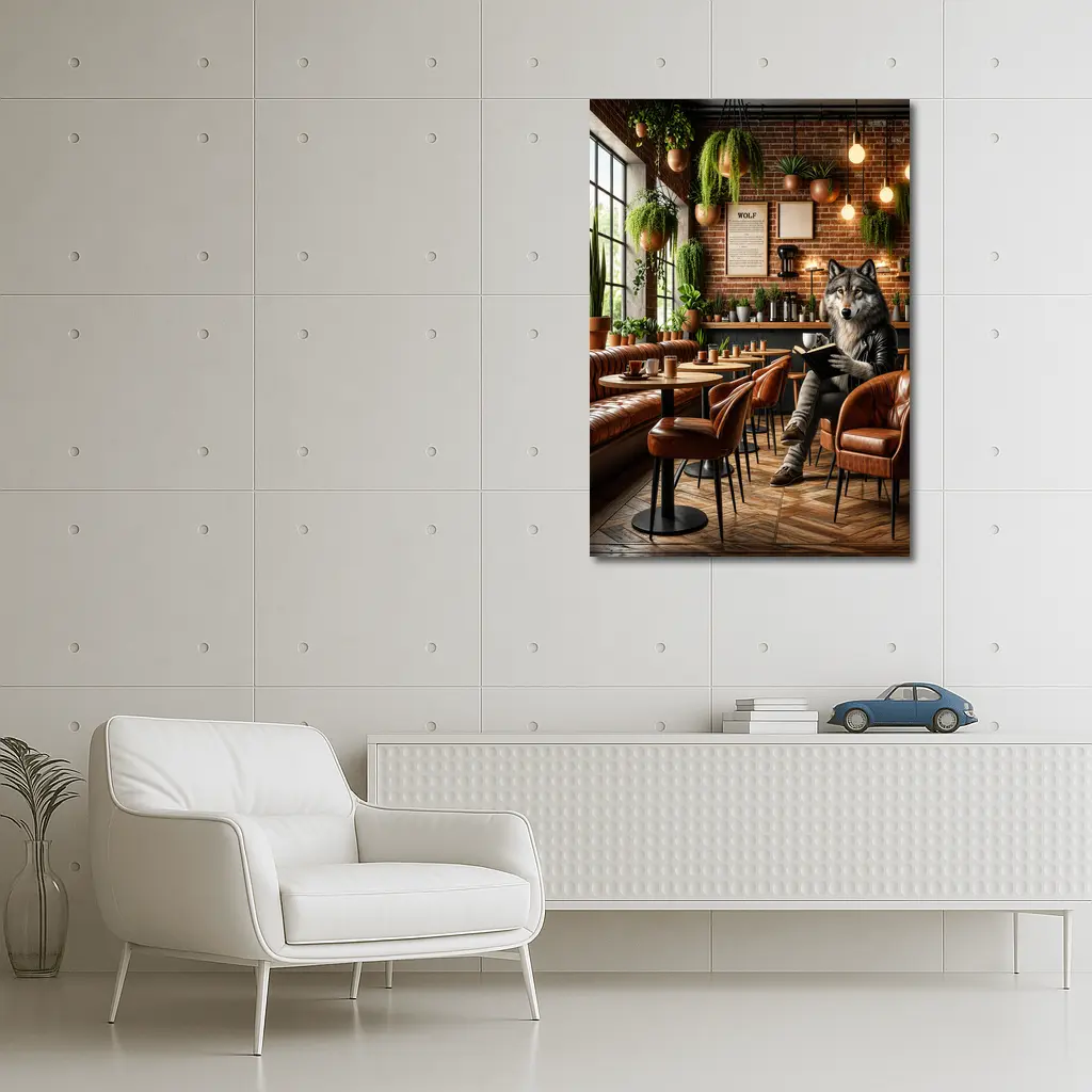 Wolf Reading Book in Cozy Cafe – Wall Art