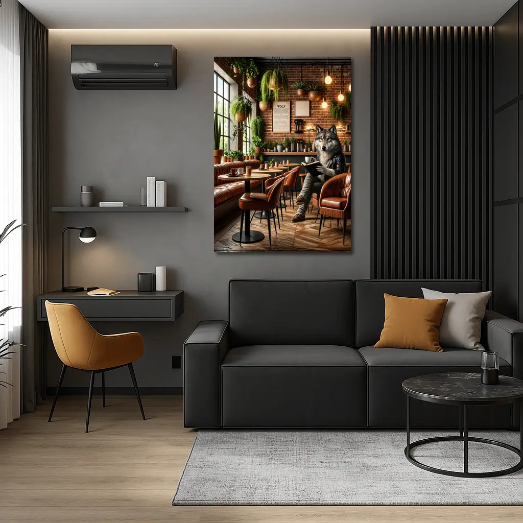 Wolf Reading Book in Cozy Cafe – Wall Art