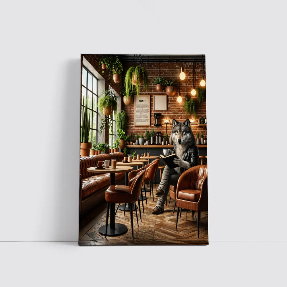 Wolf Reading Book in Cozy Cafe – Wall Art