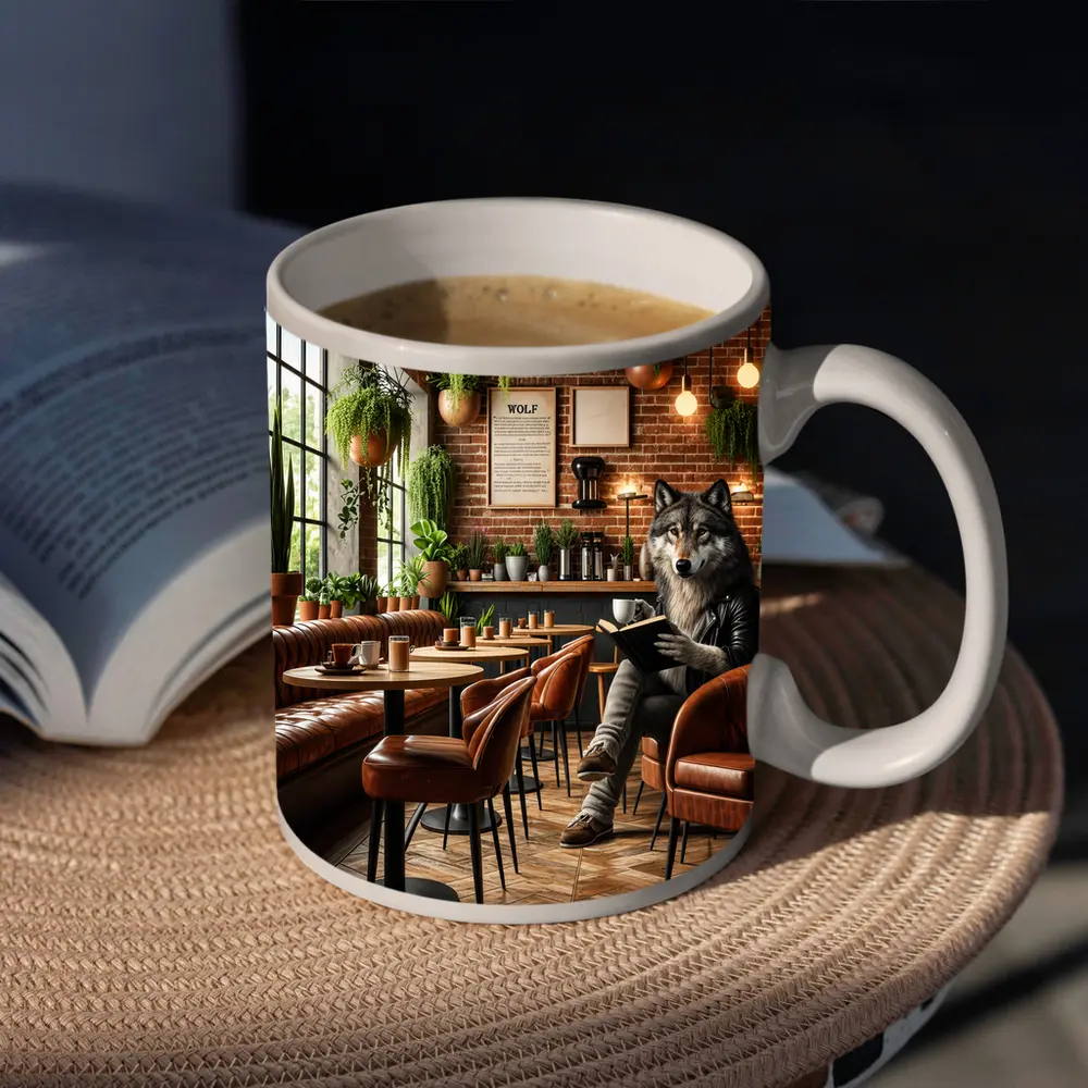Wolf Reading Book in Cozy Cafe – Mugs