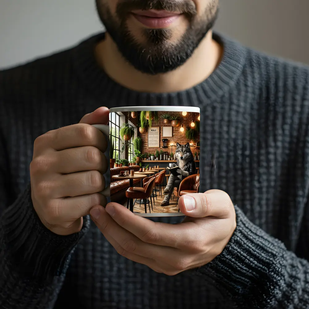Wolf Reading Book in Cozy Cafe – Mugs