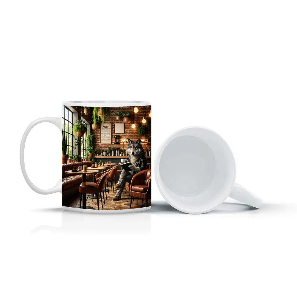 Wolf Reading Book in Cozy Cafe – Mugs