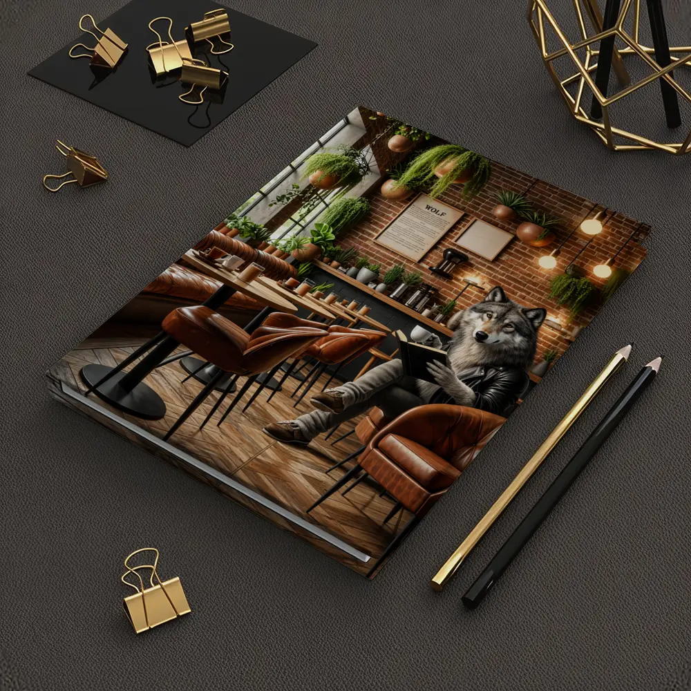 Wolf Reading Book in Cozy Cafe – Notebooks