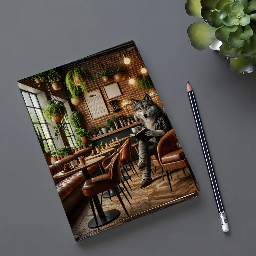 Wolf Reading Book in Cozy Cafe – Notebooks