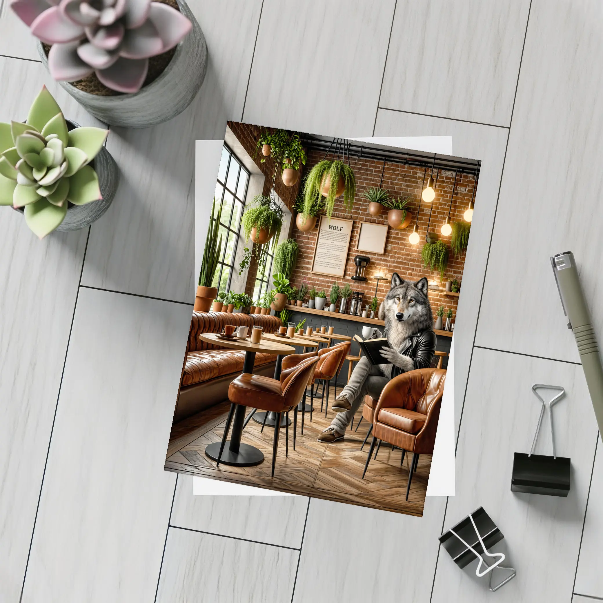 Wolf Reading Book in Cozy Cafe – Postcards