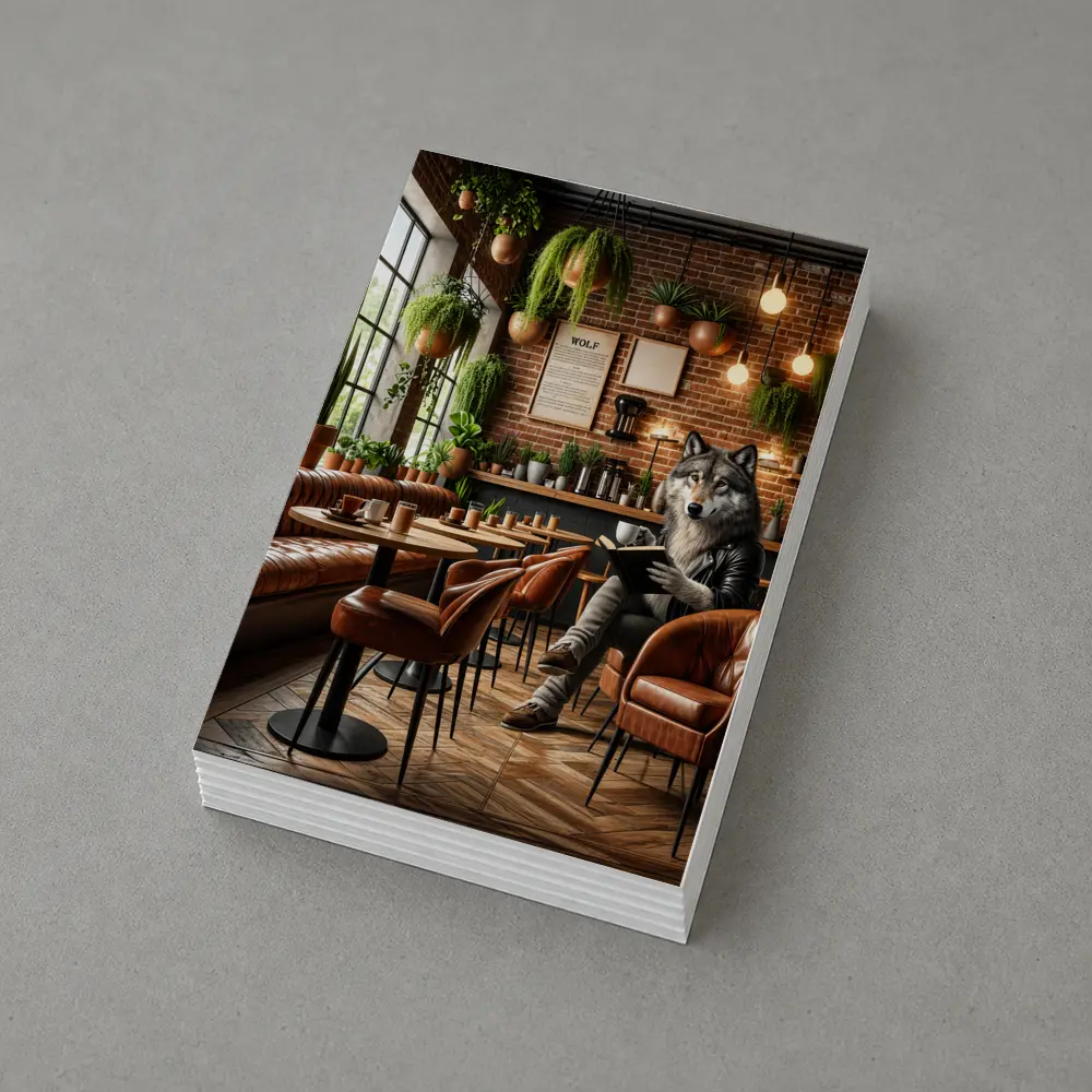 Wolf Reading Book in Cozy Cafe – Postcards