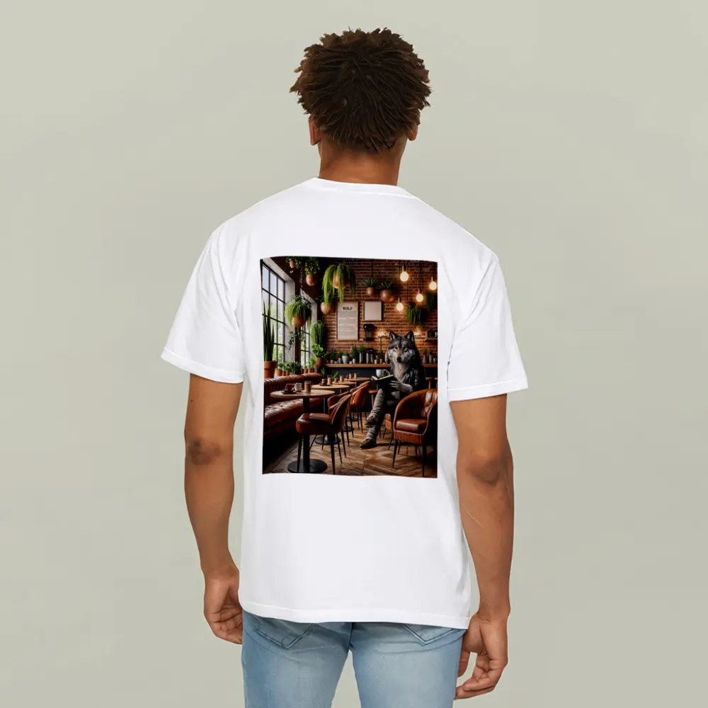 Wolf Reading Book in Cozy Cafe – T-Shirts