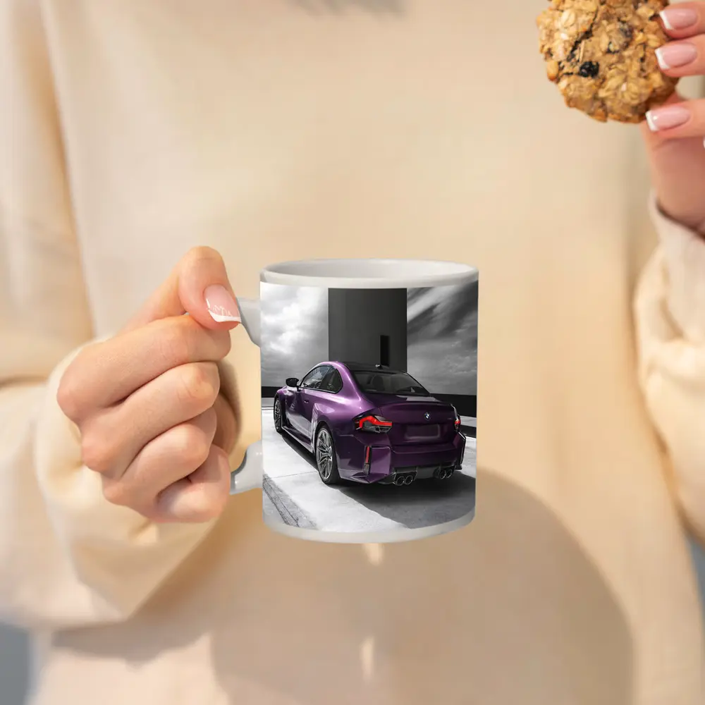 Purple BMW M2 Rear View Gray Background – Mugs