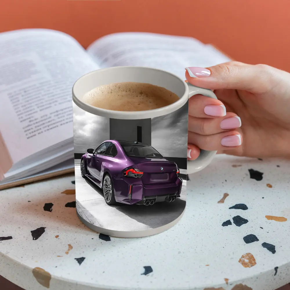 Purple BMW M2 Rear View Gray Background – Mugs