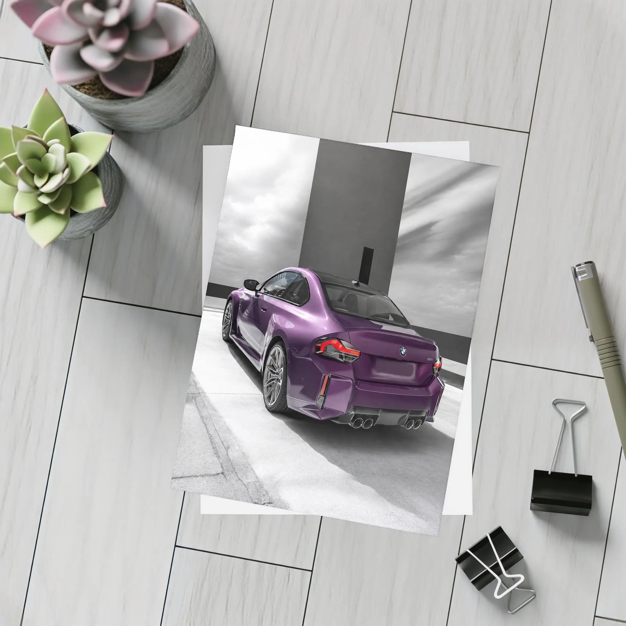 Purple BMW M2 Rear View Gray Background – Postcards