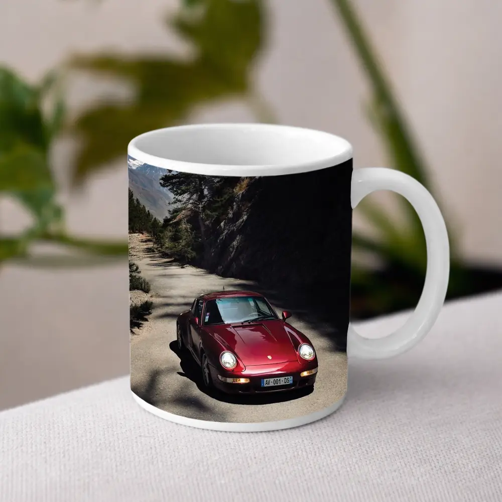 Red Porsche 911 On Alpine Mountain Road – Mugs
