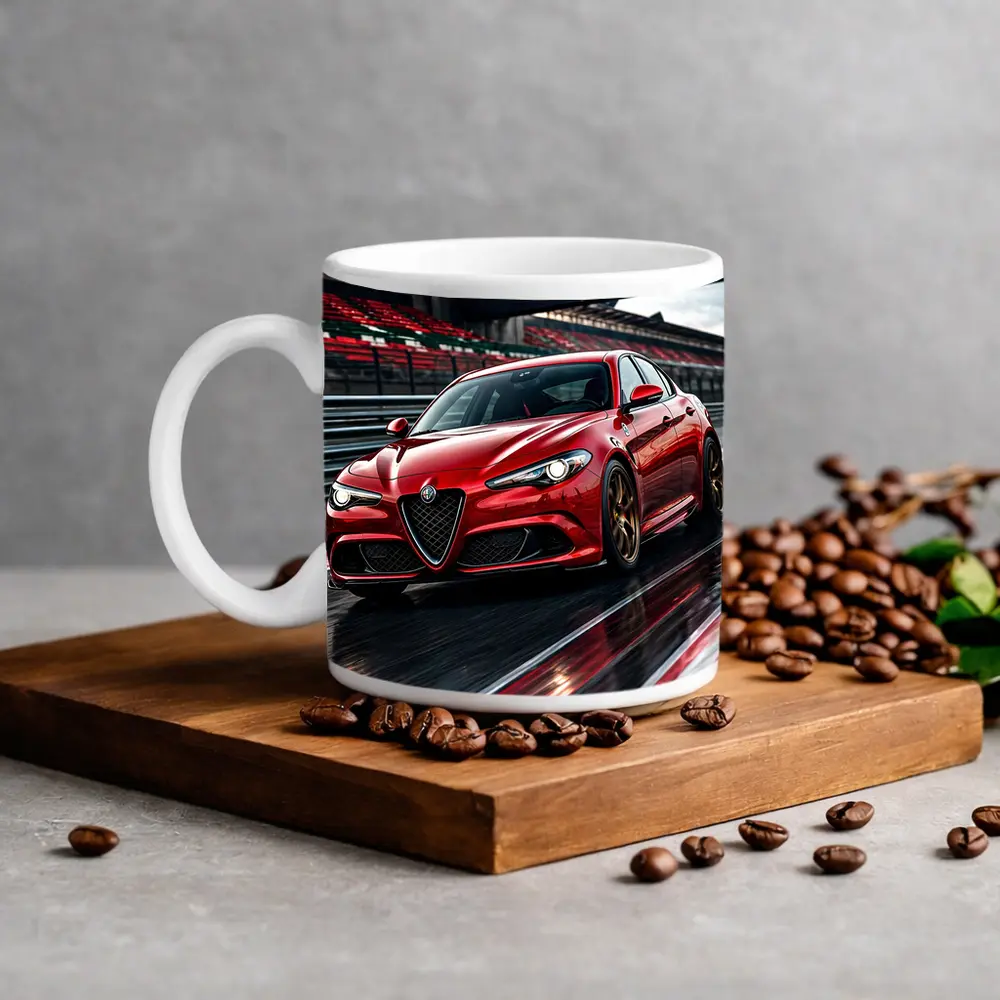 Alfa Romeo Giulia Red Racing Track Scene – Mugs