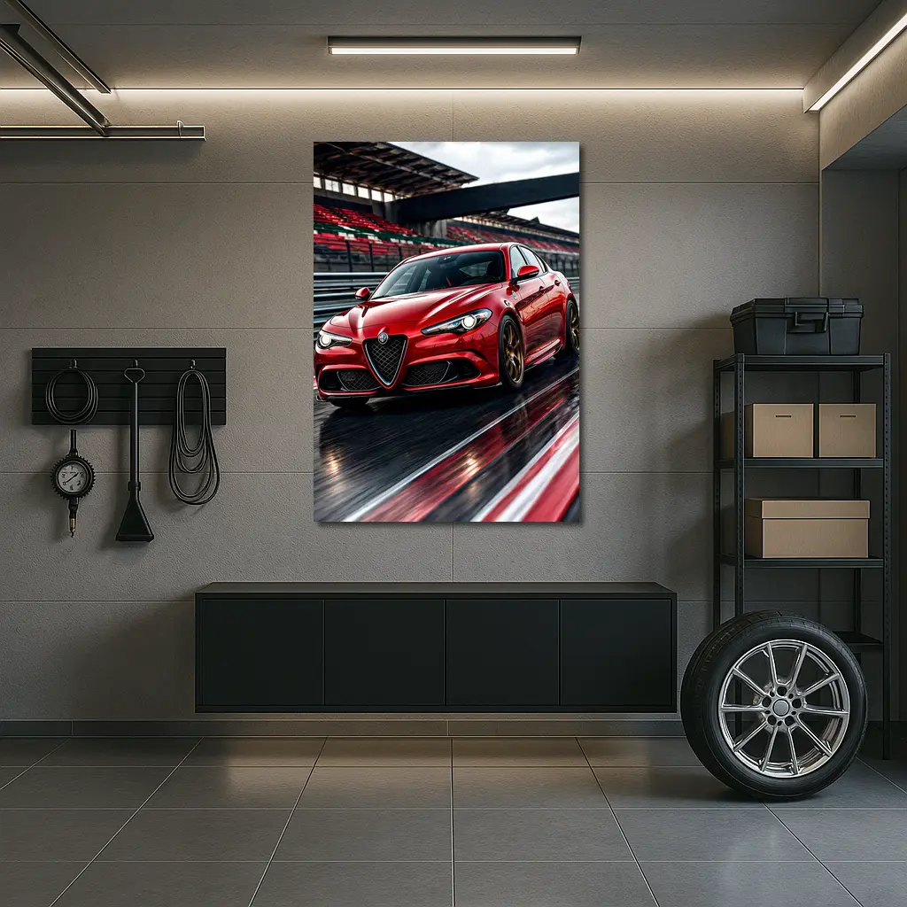 Alfa Romeo Giulia Red Racing Track Scene – Wall Art