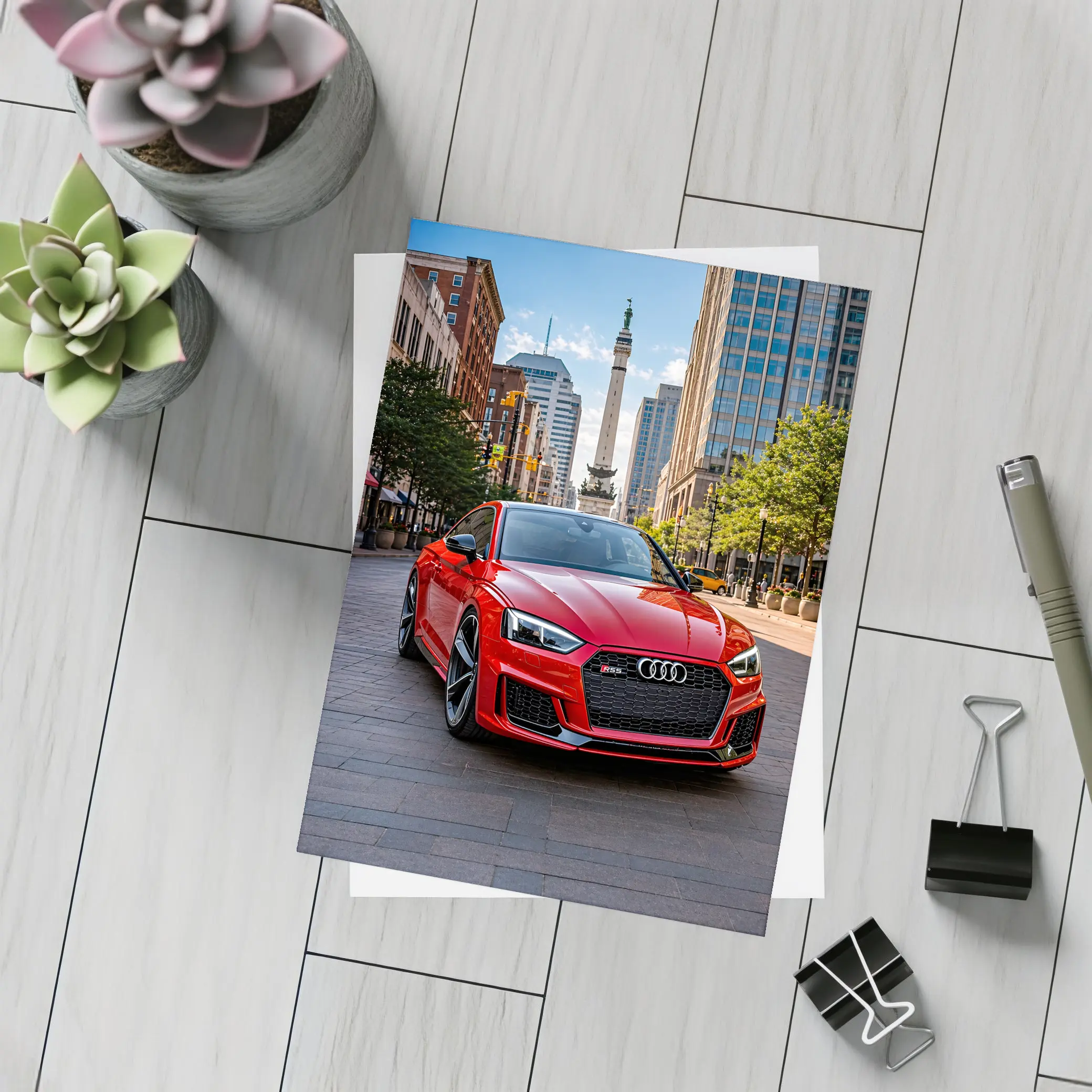 Red Audi RS5 Downtown City Street – Postcards