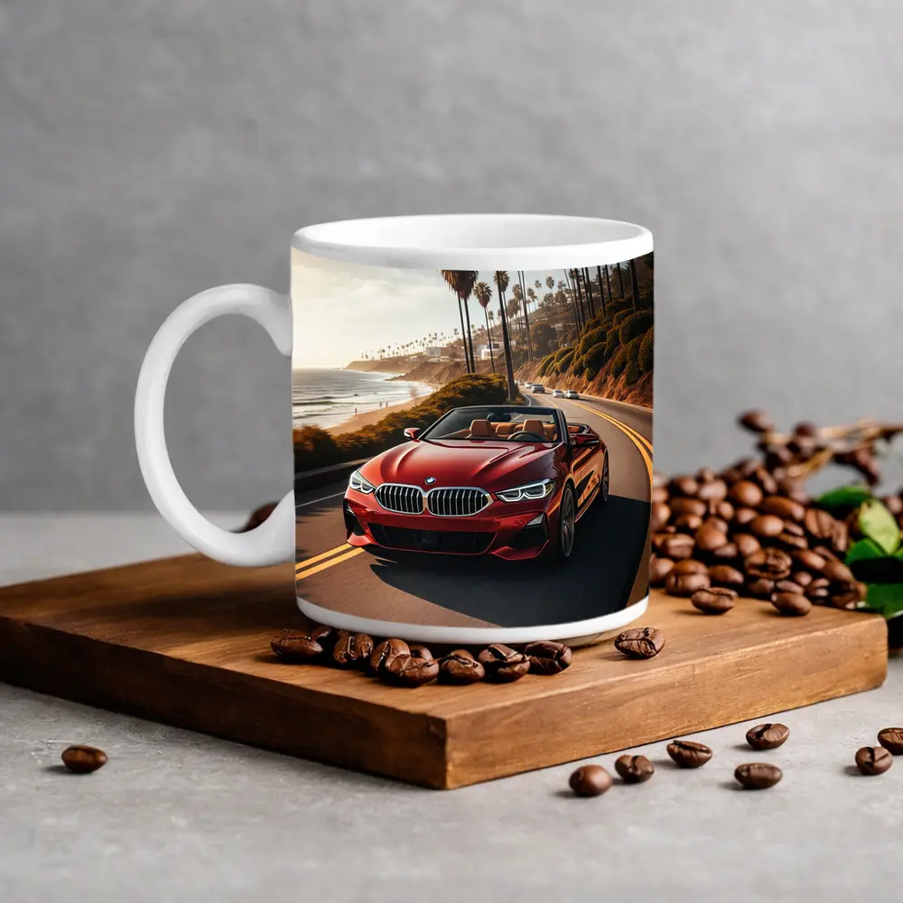 Red BMW 8 Series Convertible Coastal Drive – Mugs