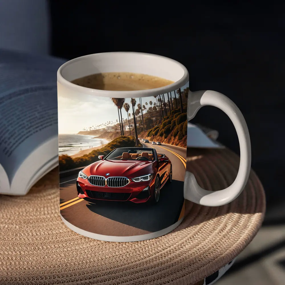 Red BMW 8 Series Convertible Coastal Drive – Mugs