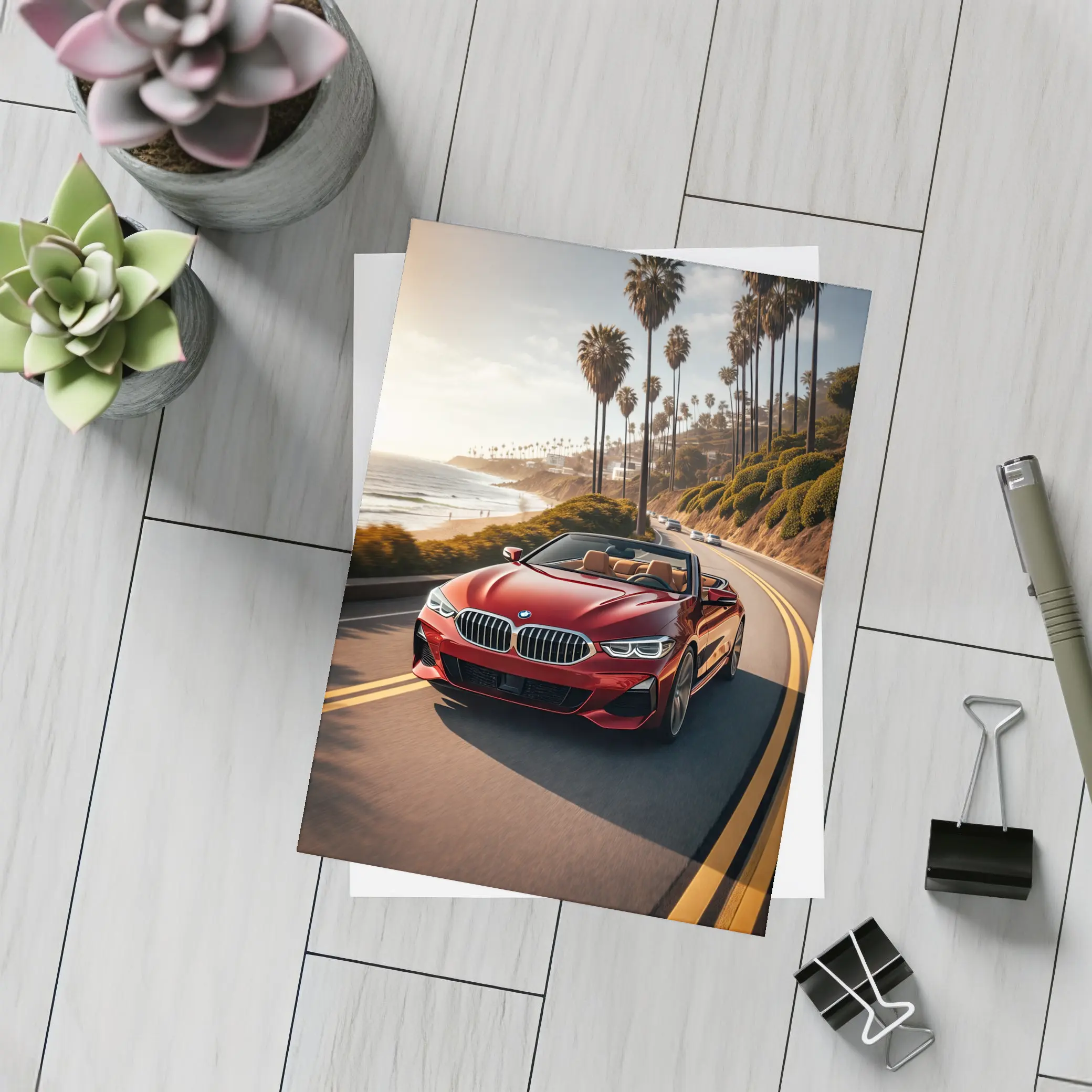 Red BMW 8 Series Convertible Coastal Drive – Postcards