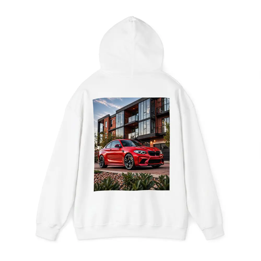 Red BMW M2 Parked Outside Modern Building – Hoodies