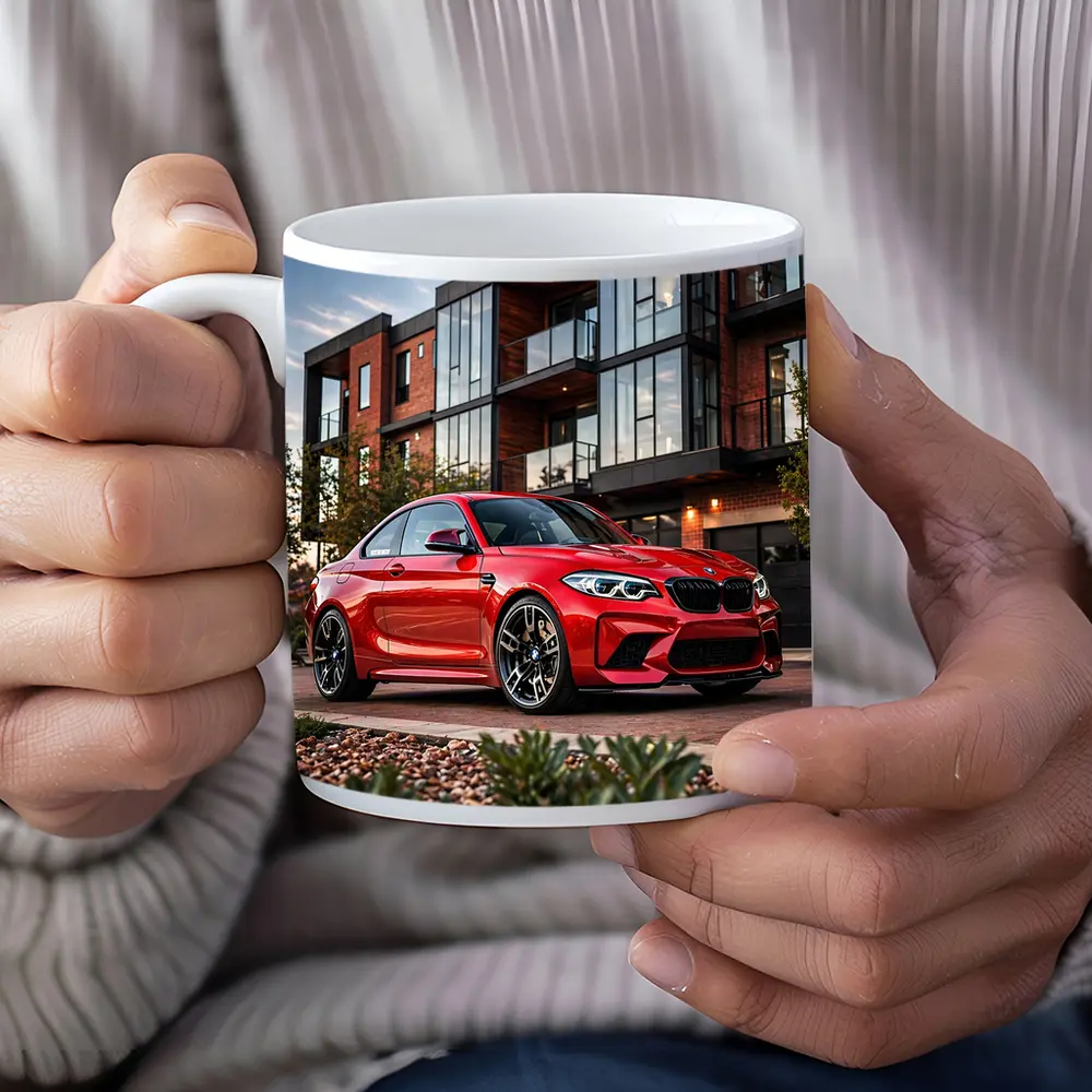 Red BMW M2 Parked Outside Modern Building – Mugs