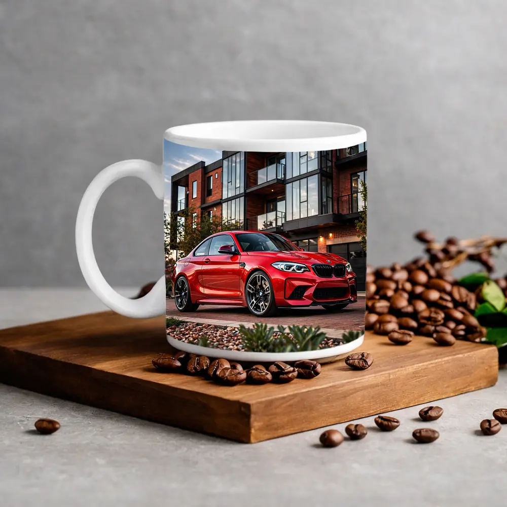 Red BMW M2 Parked Outside Modern Building – Mugs
