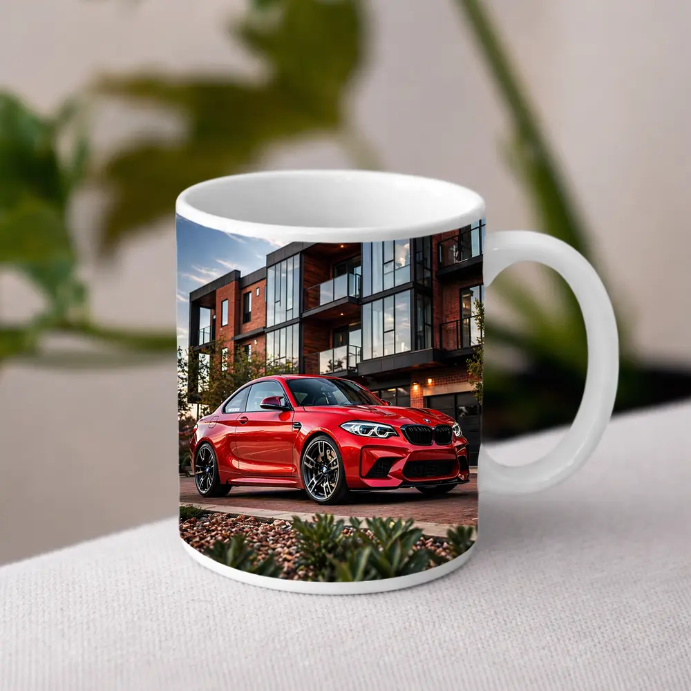 Red BMW M2 Parked Outside Modern Building – Mugs