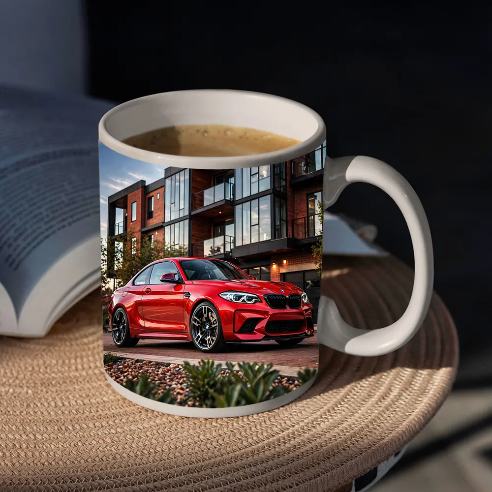 Red BMW M2 Parked Outside Modern Building – Mugs
