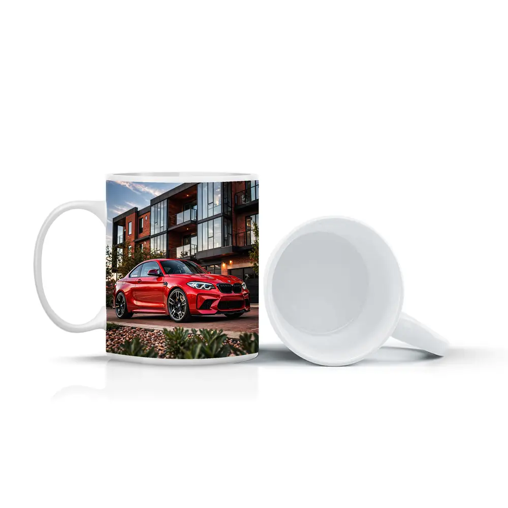 Red BMW M2 Parked Outside Modern Building – Mugs
