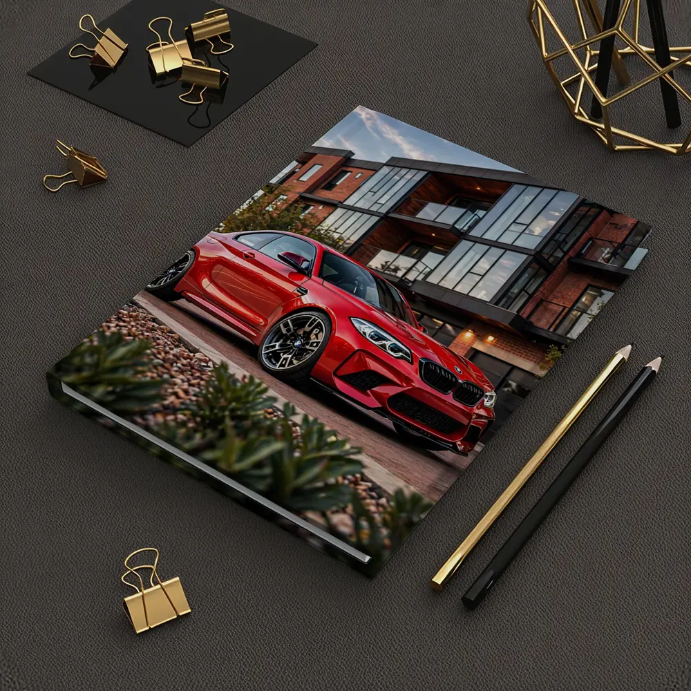 Red BMW M2 Parked Outside Modern Building – Notebooks