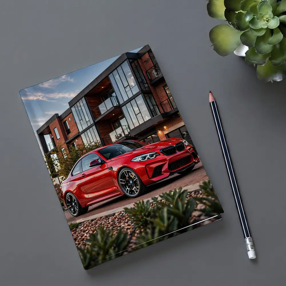Red BMW M2 Parked Outside Modern Building – Notebooks