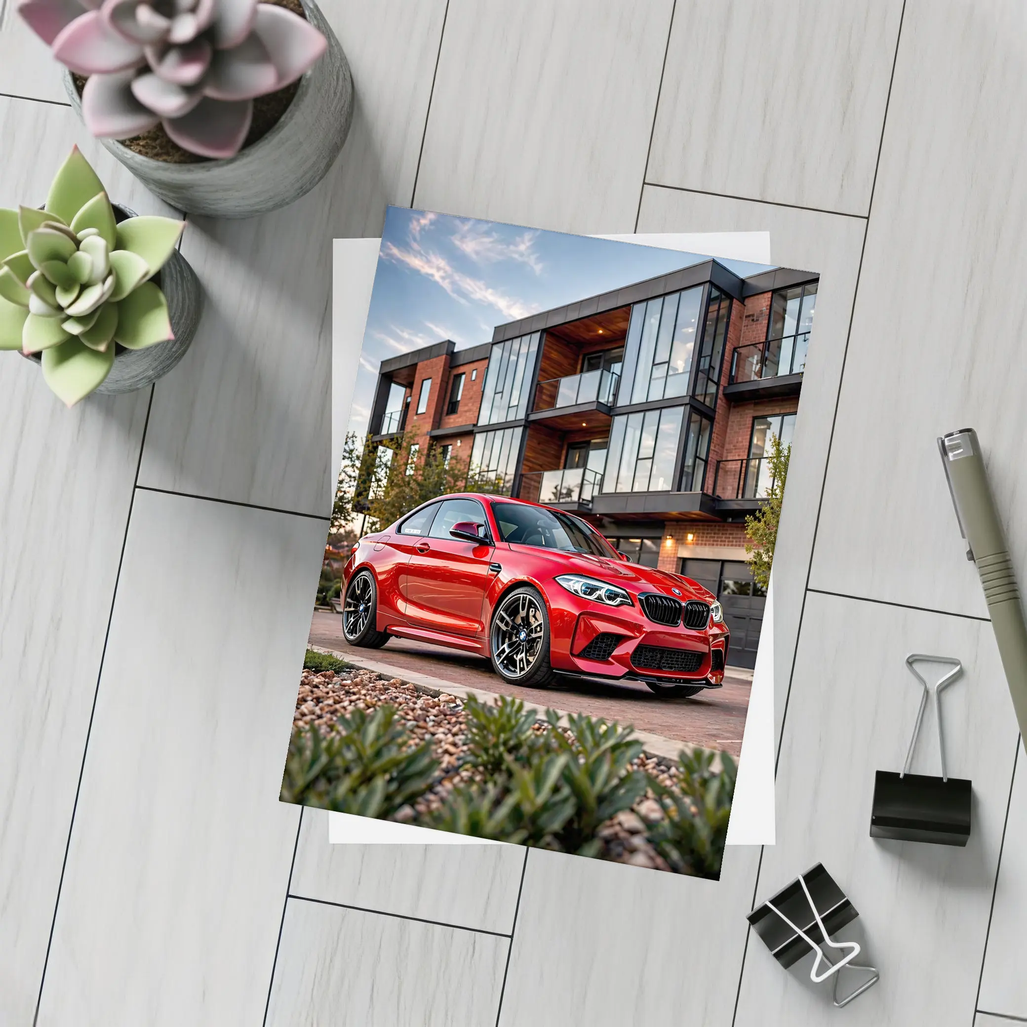 Red BMW M2 Parked Outside Modern Building – Postcards