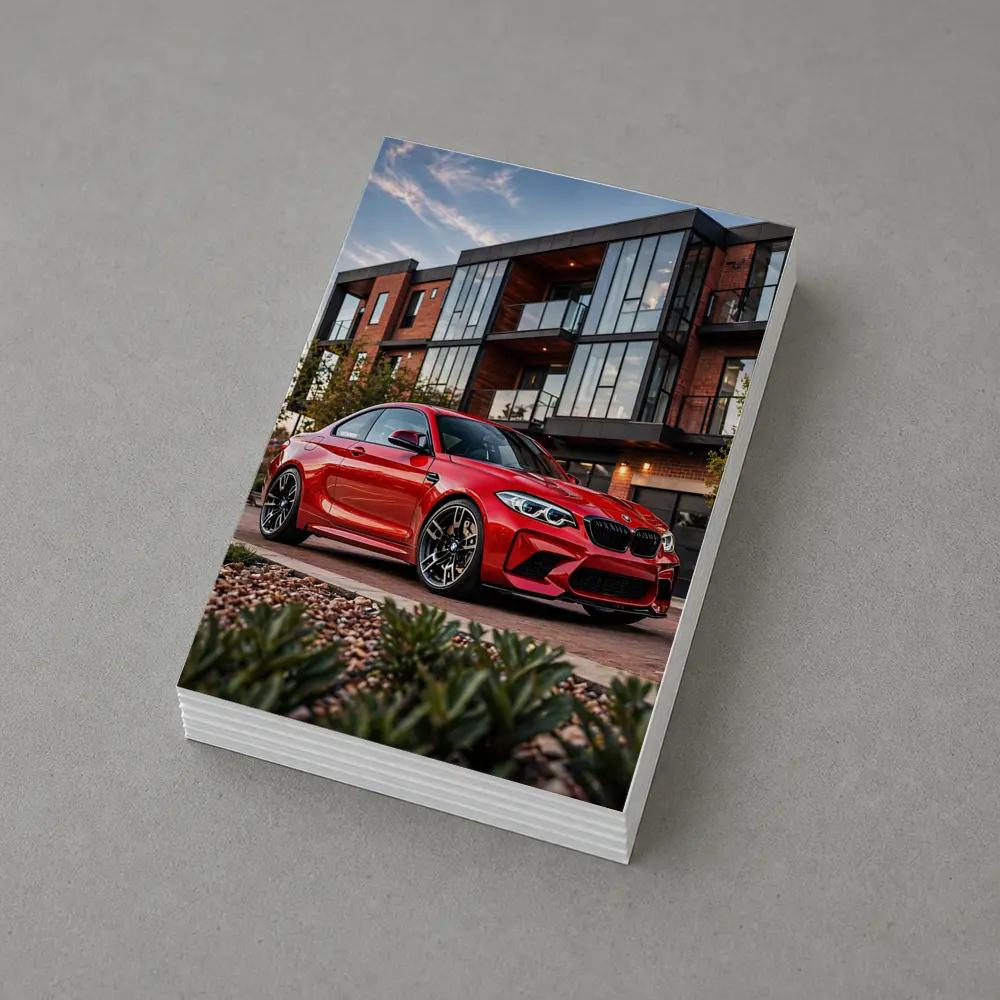 Red BMW M2 Parked Outside Modern Building – Postcards