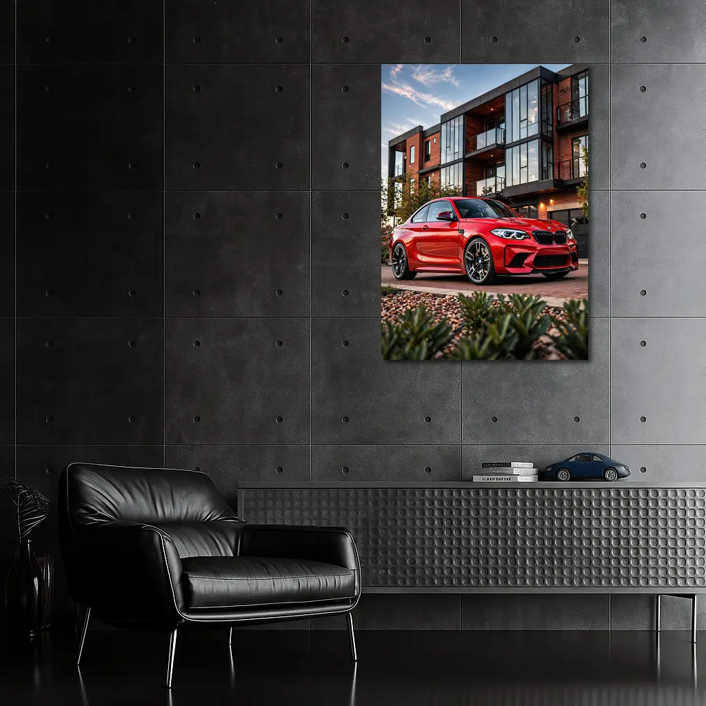 Red BMW M2 Parked Outside Modern Building – Wall Art