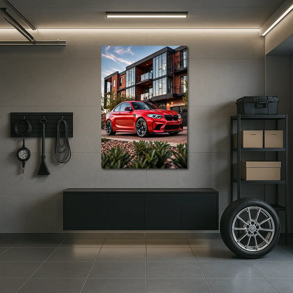 Red BMW M2 Parked Outside Modern Building – Wall Art