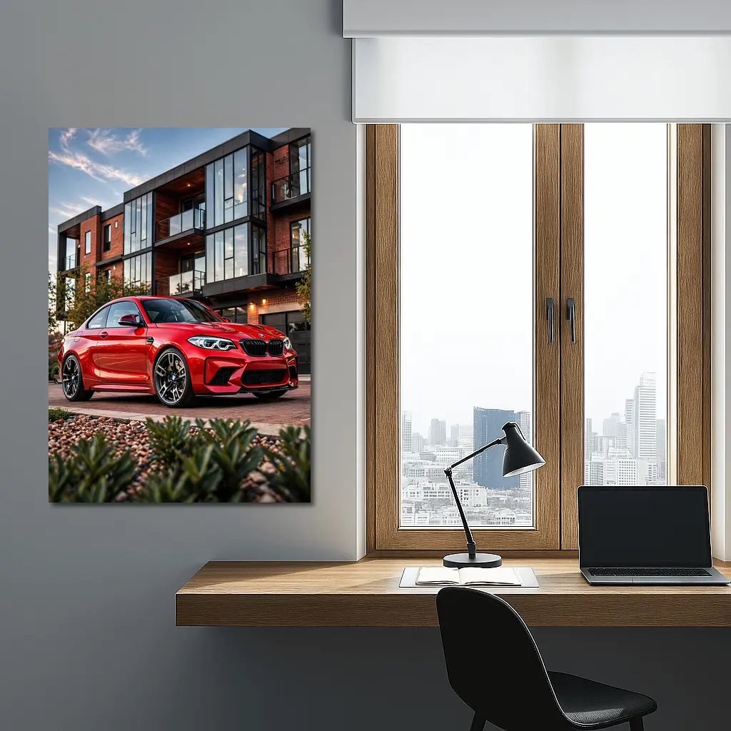 Red BMW M2 Parked Outside Modern Building – Wall Art