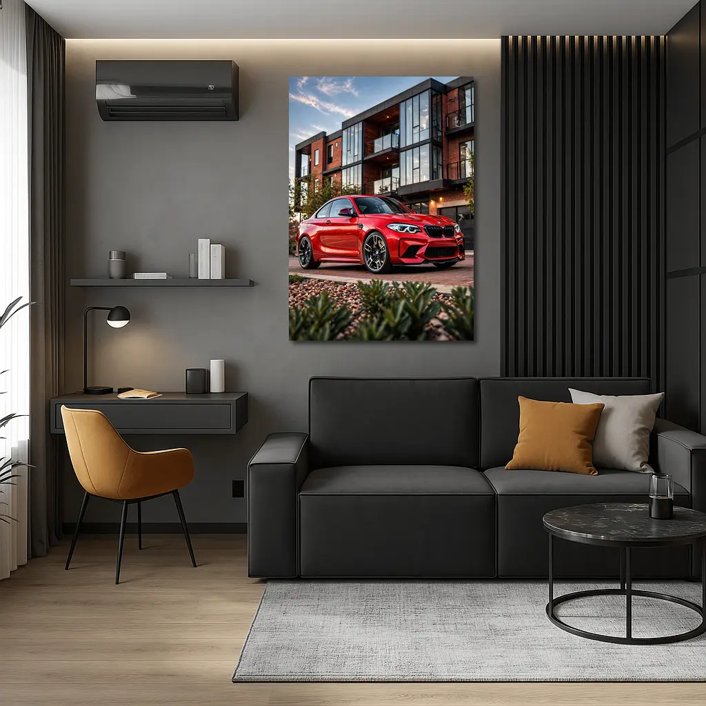 Red BMW M2 Parked Outside Modern Building – Wall Art