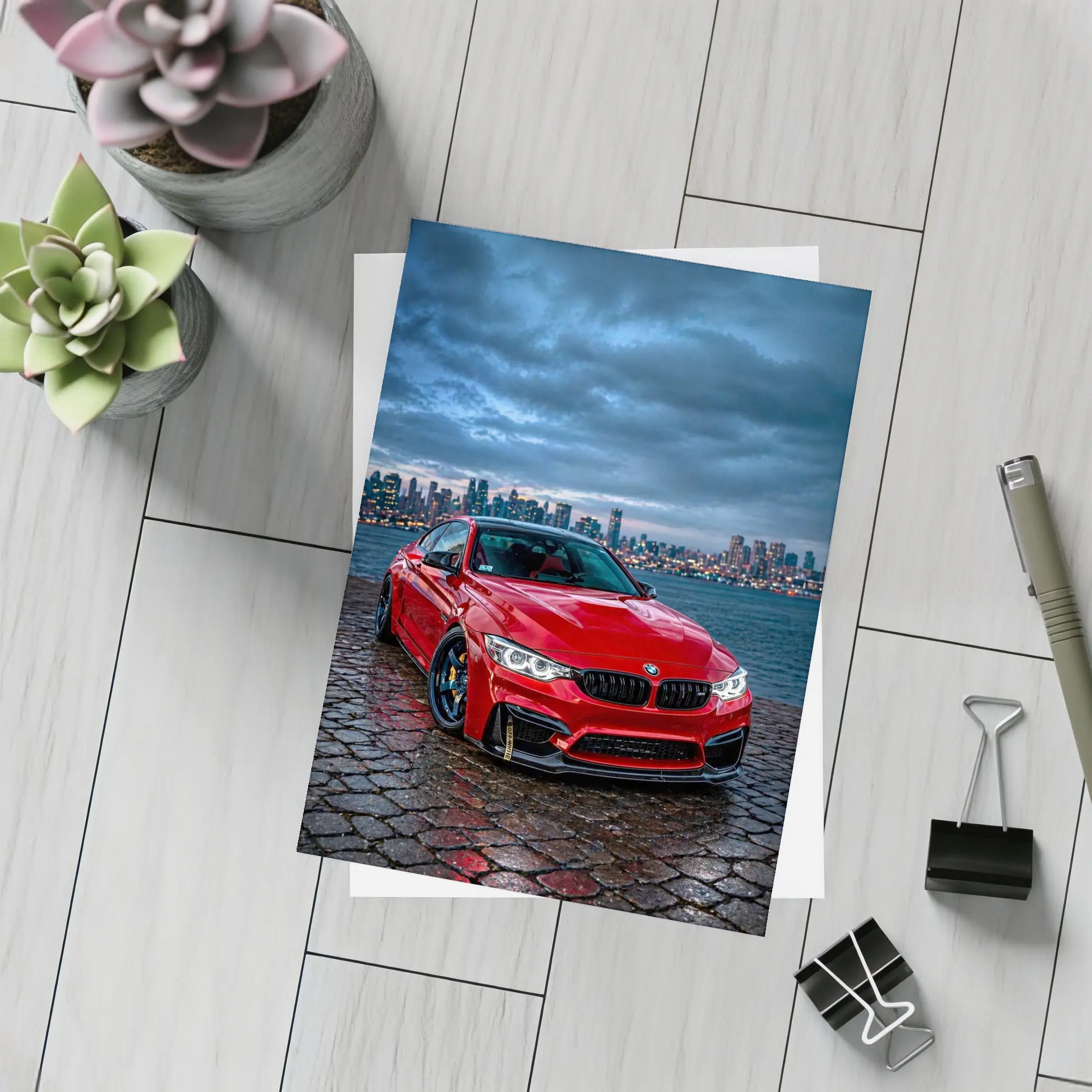 Red BMW M4 City Skyline Dusk – Postcards