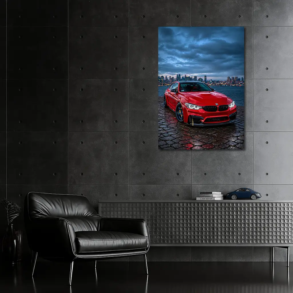 Red BMW M4 City Skyline Dusk – Wall Art